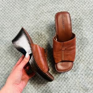 vintage retro Y2K warm brown leather platform wedge patchwork slide sandal 8